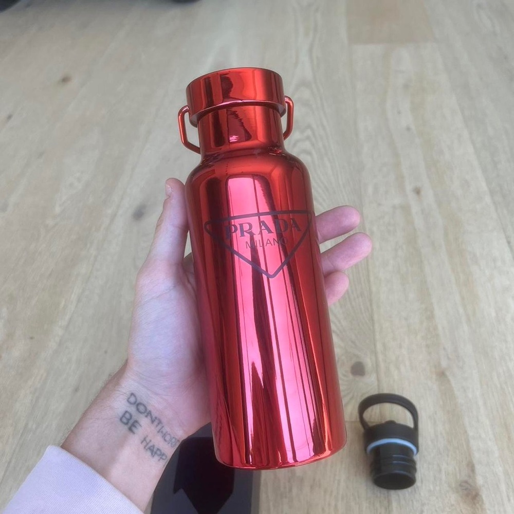 PRADA Shiny Red Metal water Bottle black logo gift holiday